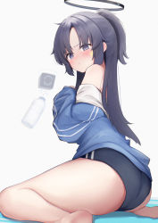 Rule 34 | 1girl, absurdres, ass, black eyes, black hair, blue archive, blue buruma, blush, buruma, commentary request, drone, facial tattoo, from behind, gym shirt, gym uniform, halo, head tilt, highres, jacket, long hair, long sleeves, looking at viewer, looking back, mashiro latte (msrn39), official alternate costume, parted bangs, plastic bottle, ponytail, purple eyes, purple hair, seiza, shirt, sidelocks, simple background, sitting, solo, star (symbol), star sticker, sticker on face, tattoo, thighs, track jacket, wariza, white background, yuuka (blue archive), yuuka (track) (blue archive)