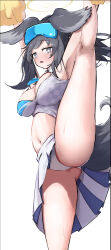 Rule 34 | 1girl, absurdres, animal ears, armpits, arms up, black hair, blue archive, blush, breasts, bright pupils, commentary request, cowboy shot, curvy, dog ears, dog tail, eyewear on head, gluteal fold, grey eyes, hair between eyes, halo, hibiki (blue archive), hibiki (cheer squad) (blue archive), highres, large breasts, leg up, long hair, looking at viewer, millennium cheerleader outfit (blue archive), miniskirt, morishin546, navel, nose blush, open mouth, panties, pleated skirt, pom pom (clothes), safety glasses, simple background, skirt, solo, split, sports bra, standing, standing on one leg, stomach, sweat, tail, thighs, underwear, white background, white panties, white pupils, white skirt, yellow halo