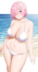 Rule 34 | 1girl, absurdres, arind yudha, bikini, blush, bob cut, breasts, cleavage, closed mouth, collarbone, fate/grand order, fate (series), hair over one eye, highres, large breasts, looking at viewer, mash kyrielight, navel, pink hair, purple eyes, smile, solo, stomach, swimsuit, thighs, white bikini