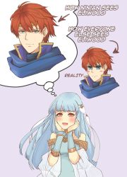 Rule 34 | 1boy, 1girl, bare shoulders, blue eyes, blue hair, dress, eliwood (fire emblem), english text, fire emblem, fire emblem: the blazing blade, hair ornament, highres, long hair, looking at viewer, ninian, nintendo, open mouth, red eyes, red hair, short hair, silver hair, smile