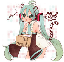 Rule 34 | 1girl, animal ears, blush, box, detached sleeves, female focus, hatsune miku, headset, holding, long hair, necktie, open mouth, shinryou rei, sleeves past wrists, solo, spring onion, tail, tiger ears, tiger tail, twintails, very long hair, vocaloid, whiskers, white background