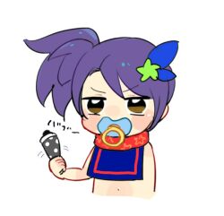 Rule 34 | 1girl, aged down, bib, blush, blush stickers, brown eyes, cropped torso, hair ornament, holding, holding rattle, looking at viewer, navel, nose blush, pacifier, pretty series, pripara, purple hair, rattle, side ponytail, simple background, solo, toudou shion, translation request, white background, xxogorexx
