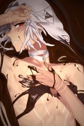 Rule 34 | 1girl, altera (fate), arm up, armpits, blush, bright pupils, chocolate bath, choker, collarbone, covered erect nipples, dark-skinned female, dark skin, eyelashes, fate/grand order, fate (series), flat chest, hand on own chest, hand on own head, i-pan, lying, on back, parted lips, profile, red eyes, shiny skin, short hair, smile, solo, tattoo, teeth, upper body, veil, white choker