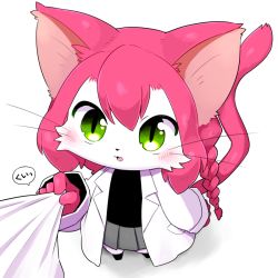Rule 34 | 1girl, animal ears, blush, body fur, cat, cat busters, cat ears, cat girl, cat tail, commentary request, enata rei, full body, furry, furry female, green eyes, grey skirt, lab coat, neko hakase (cat busters), open mouth, pink hair, pleated skirt, skirt, tail, whiskers