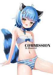 Rule 34 | 1girl, ahoge, animal ears, artist name, belly, blue hair, blush, blush stickers, bow, bow panties, bra, breasts, commission, eyebrows, eyelashes, fang, feet out of frame, flat chest, hair ornament, highres, idol corp, key, looking at viewer, navel, open mouth, panties, poko rakun, raccoon ears, raccoon tail, short hair, simple background, small breasts, striped clothes, striped panties, tail, thighs, underwear, underwear only, virtual youtuber, white background, white bra
