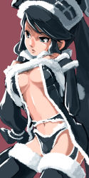 Rule 34 | 1girl, black hair, breasts, covered erect nipples, falcoon, panties, simple background, solo, thighhighs, underwear