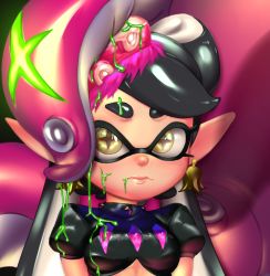Rule 34 | 1girl, alternate costume, callie (splatoon), black hair, breasts, closed mouth, crop top, earrings, food, food on head, jewelry, looking at viewer, nintendo, object on head, placeholdname, pointy ears, puffy short sleeves, puffy sleeves, short sleeves, small breasts, solo, splatoon (series), splatoon 2, suggestive fluid, sunglasses, sushi, tentacles, tentacle hair, upper body