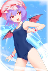 Rule 34 | 1girl, bat wings, collarbone, covered navel, fang, fangs, hat, hat ribbon, mob cap, mocchisake, one-piece swimsuit, open mouth, purple hair, red eyes, red ribbon, remilia scarlet, ribbon, school swimsuit, short hair, skin fang, solo, swimsuit, touhou, wings, wrist cuffs