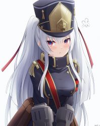 Rule 34 | 1girl, :t, altair (re:creators), artist name, black hat, black jacket, blush, breasts, closed mouth, commentary request, commission, epaulettes, grey background, hair between eyes, hat, highres, jacket, keenh, long hair, long sleeves, looking at viewer, medium breasts, pout, re:creators, red eyes, shako cap, signature, silver hair, simple background, solo, two side up, upper body, v-shaped eyebrows, very long hair