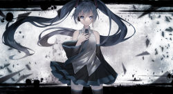 Rule 34 | 1girl, absurdres, black skirt, blue eyes, blue nails, blue necktie, collared shirt, crying, detached sleeves, film grain, hair between eyes, hatsune miku, highres, long hair, nail polish, necktie, nuko 0108, pleated skirt, shirt, skirt, solo, tears, thighhighs, twintails, vocaloid, white shirt