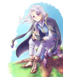 Rule 34 | 1boy, arthur (fire emblem: genealogy of the holy war), colored eyelashes, day, elbow gloves, fingerless gloves, fire emblem, fire emblem: genealogy of the holy war, full body, gloves, interlocked fingers, jacket, male focus, nintendo, outdoors, own hands clasped, own hands together, purple eyes, sandals, sitting, smile, solo, tree stump, unworn jacket, white hair