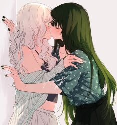 Rule 34 | 2girls, amane (7783), black camisole, black skirt, blush, camisole, closed eyes, collarbone, green eyes, green hair, green nails, green shirt, jacket, kabedon, kiss, long hair, long sleeves, looking at another, midriff, multiple girls, nail polish, off shoulder, open clothes, open jacket, original, pleated skirt, shirt, shirt tucked in, short sleeves, signature, skirt, sweatdrop, white hair, white jacket, white skirt, yuri