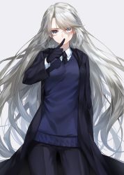 Rule 34 | 1girl, black necktie, breasts, burn scar, collared shirt, commentary, cowboy shot, earrings, finger to mouth, gloves, grey background, grey eyes, head tilt, highres, jewelry, long hair, long sleeves, looking at viewer, necktie, original, pants, parted bangs, scar, scar on face, shirt, silver hair, simple background, small breasts, solo, v-shaped eyebrows, very long hair, waka (shark waka)