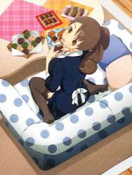 Rule 34 | 1girl, aimu (senran kagura), blue dress, brown hair, brown pantyhose, cake, couch, dress, eating, food, food on face, hair ornament, hairclip, highres, holding, holding food, long hair, looking at viewer, pantyhose, school uniform, senran kagura, sitting, sitting on object, spread legs, sweets, table, tongue, tongue out, uniform