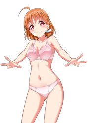 Rule 34 | 1girl, ahoge, blush, bra, braid, breasts, cleavage, commentary request, highres, lace, lace-trimmed bra, lace trim, looking at viewer, love live!, love live! sunshine!!, navel, orange hair, panties, pink bra, pink panties, red eyes, scrunchie, short hair, side braid, simple background, smile, solo, stomach, takami chika, underwear, underwear only, w, white background, white scrunchie, yopparai oni