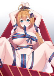 Rule 34 | 1girl, absurdres, ahoge, armpits, arms up, blue eyes, blush, bound, box, breasts, commentary, gift, gift box, gradient background, hair ornament, highres, in box, in container, large breasts, long hair, lying, maru.selinn, mouth hold, naked ribbon, navel, on back, orange hair, pecorine (princess connect!), princess connect!, ribbon, ribbon bondage, smile, solo, spread legs, tiara