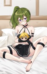Rule 34 | 1girl, absurdres, arm strap, armlet, bare shoulders, barefoot, black choker, black dress, black gloves, black nails, blush, breasts, character doll, choker, commentary, doll, dress, english commentary, glasses, gloves, green hair, hair between eyes, highres, holding, holding doll, land (sousou no frieren), long hair, looking at viewer, magui3, medium breasts, nail polish, o-ring, o-ring choker, on bed, pleated dress, purple eyes, side ponytail, single glove, sitting, smile, solo, sousou no frieren, spread legs, suspenders hanging, thigh strap, toenail polish, toenails, twitter username, ubel (sousou no frieren)
