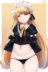 Rule 34 | 1girl, bad id, bad pixiv id, black dress, black gloves, black panties, blonde hair, bow, closed mouth, clothes lift, cowboy shot, cross, cross earrings, dress, dress lift, earrings, frilled hairband, frills, girls&#039; frontline, gloves, hairband, highres, jewelry, long hair, looking at viewer, mapar, navel, orange background, orange bow, panties, ppk (girls&#039; frontline), solo, underwear, white hairband, yellow eyes