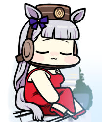 Rule 34 | 1girl, :3, animal ears, bare shoulders, blue bow, blunt bangs, blush, bow, brown headwear, chibi, closed eyes, clothing cutout, commentary, dress, ear bow, facing to the side, facing viewer, full body, gold ship (umamusume), grey hair, high heels, horse ears, horse girl, horse tail, jazz jack, long hair, photo-referenced, pillbox hat, red dress, red footwear, ribbon, sitting, sleeveless, sleeveless dress, solo, tail, tail through clothes, umamusume, very long hair