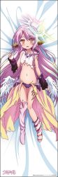 Rule 34 | 1girl, aged down, angel wings, asymmetrical legwear, bed sheet, blush, spiked halo, copyright name, crop top, cross, dakimakura (medium), embarrassed, feathered wings, full body, gloves, halo, highres, jibril (no game no life), long hair, low wings, lying, magic circle, midriff, mismatched legwear, multicolored eyes, multicolored hair, navel, no game no life, official art, on back, open mouth, pink hair, purple eyes, solo, symbol-shaped pupils, tattoo, torn clothes, very long hair, white wings, wing ears, wings, yellow eyes
