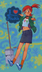 Rule 34 | 1girl, black choker, blue eyes, blue footwear, blush, character name, choker, closed mouth, earrings, eyes visible through hair, foster&#039;s home for imaginary friends, frankie foster, green jacket, jacket, jewelry, medium hair, midriff, mop, navel, open clothes, open jacket, orange hair, orange socks, patterned, patterned background, ponytail, ramb chop, smile, socks, solo