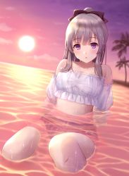 Rule 34 | 1girl, :o, arm support, bare shoulders, bikini, black bikini, black bow, blush, bow, breasts, cleavage, collarbone, crop top, hair bow, high ponytail, highres, idolmaster, idolmaster shiny colors, in water, kirifrog, knees up, light brown hair, looking at viewer, ocean, off shoulder, open mouth, outdoors, ponytail, purple eyes, see-through, sidelocks, small breasts, solo, sun, sunset, swimsuit, water, wet, wet clothes, wet hair, wet swimsuit, white bikini, yukoku kiriko