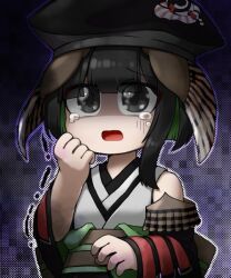 Rule 34 | 1boy, black eyes, black hair, black hat, black sleeves, colored inner hair, crying, crying with eyes open, detached sleeves, green hair, hand on own cheek, hand on own face, hat, indie virtual youtuber, japanese clothes, kimono, male focus, multicolored hair, no nose, obi, open mouth, sash, scared, shaded face, sleeveless, sleeveless kimono, solo, tabinoki kanae, tabinoki kanae (1st costume), tears, upper body, virtual youtuber, websci 3357, white kimono