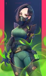 Rule 34 | 1girl, animification, black gloves, black hair, bodysuit, breasts, character name, commentary, copyright name, forehead, gloves, green bodysuit, green eyes, highres, long sleeves, looking at viewer, mask, medium breasts, momoirone, mouth mask, parted bangs, solo, thick eyebrows, valorant, viper (valorant)