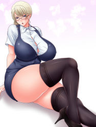 Rule 34 | 1girl, ass, black thighhighs, blonde hair, blue eyes, breasts, curvy, earrings, glasses, high heels, huge ass, huge breasts, jewelry, long hair, looking at viewer, original, saogokushi, sitting, skindentation, solo, straining buttons, thick thighs, thighhighs, thighs