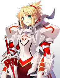 Rule 34 | 1girl, armor, blonde hair, clarent (fate), fate/apocrypha, fate (series), full armor, fuyuki (neigedhiver), gauntlets, green eyes, grin, highres, holding, holding sword, holding weapon, long hair, looking at viewer, mordred (fate), mordred (fate/apocrypha), ponytail, simple background, smile, solo, sword, teeth, weapon, white background