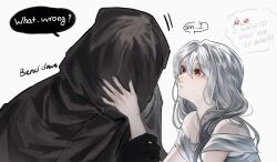 1boy 1girl bare_shoulders black_cloak cloak dress english_text hands_up heroine_(homicipher) hetero highres homicipher hood hooded_cloak long_hair mr._hood off-shoulder_dress off_shoulder parted_lips red_eyes seraharuko simple_background speech_bubble sweat upper_body white_background white_hair