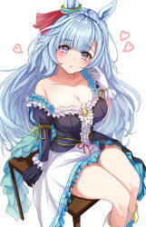 Rule 34 | 1girl, asymmetrical sleeves, bare shoulders, black gloves, blue hair, blush, braid, breasts, cleavage, commentary request, crown braid, dress, ear ornament, frilled dress, frills, gloves, hanamura pink, highres, horse girl, large breasts, light blue hair, long hair, long sleeves, mejiro ardan (umamusume), on chair, parted lips, purple eyes, short sleeves, simple background, sitting, solo, umamusume, white background, wooden chair