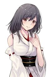 Rule 34 | 1girl, absurdres, aga marino, bad id, bad twitter id, black hair, commentary request, detached sleeves, hand on own chest, highres, japanese clothes, kantai collection, looking at viewer, red eyes, short hair, simple background, smile, solo, white background, wide sleeves, yamashiro (kancolle)