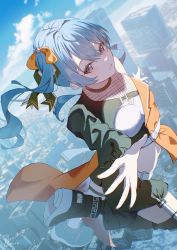 Rule 34 | 1girl, absurdres, belt, black footwear, blue eyes, blue hair, blue sky, bow, building, cloud, commentary, cropped jacket, fishnet top, fishnets, foot out of frame, green jacket, green shirt, hair bow, highres, hololive, hoshimachi suisei, jacket, light blue hair, light smile, looking at viewer, looking back, maria onnette, midriff, multicolored clothes, multicolored jacket, multiple belts, one side up, orange jacket, outdoors, outstretched arms, shirt, shoes, shorts, sidelocks, sky, skyscraper, smile, sneakers, spread arms, star-shaped pupils, star (symbol), star in eye, symbol-only commentary, symbol-shaped pupils, symbol in eye, two-tone jacket, virtual youtuber, white belt, white shirt, yellow bow