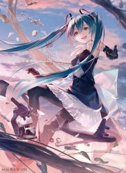 Rule 34 | 1girl, aircraft, airplane, aqua eyes, aqua hair, black dress, black gloves, black pantyhose, blue sky, book, cloud, copyright name, copyright notice, dress, drone, elbow gloves, frilled dress, frills, gears, gloves, hair between eyes, hatsune miku, long hair, looking at viewer, microscope, official art, pantyhose, pill, sky, sleeveless, sleeveless dress, solo, sousou (sousouworks), test tube, twintails, very long hair, vocaloid