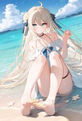 1girl ahoge bare_legs bare_shoulders barefoot beach black_choker blonde_hair blue_eyes blue_sky blush choker cloud day dress feet flan_(seeyouflan) flower full_body hair_between_eyes hair_flower hair_ornament hair_ribbon highres horizon long_hair nail_polish number-only_commentary ocean original outdoors parted_lips ribbon sand sitting sky thigh_strap toenail_polish toenails toes water white_dress yellow_nails