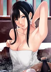 Rule 34 | 1girl, arm up, armpits, bare shoulders, black hair, breasts, brown eyes, character request, cleavage, collarbone, earrings, highres, jewelry, large breasts, long hair, looking at viewer, parted lips, smile, solo, steam, sweatdrop, towel, upper body, water, xter