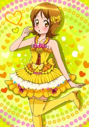 Rule 34 | 10s, 1girl, blush, boots, bow, bracelet, brown eyes, brown hair, fashion, fighiro, frills, hair bow, happinesscharge precure!, heart, heart background, highres, jewelry, necklace, oomori yuuko, polka dot, polka dot background, precure, short hair, skirt, solo, standing, standing on one leg, thigh boots, thighhighs, yellow footwear, yellow skirt, yellow theme, yellow thighhighs