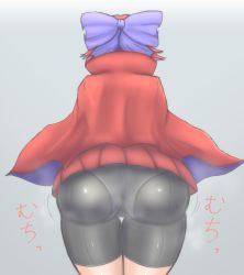 Rule 34 | 1girl, ass, ass shake, bad id, bad pixiv id, bike shorts, bow, cape, from behind, guroo (shine119), hair bow, highres, leaning forward, microskirt, panties under bike shorts, red hair, red skirt, sekibanki, skirt, solo, steam, touhou