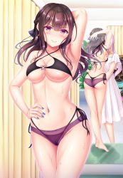 Rule 34 | 2girls, arm up, armpits, ass, back, bikini, black bikini, blunt bangs, breasts, brown hair, cameltoe, cleavage, closed mouth, collarbone, commentary request, commission, dress, earrings, fitting room, hand on own hip, highres, hiro (725611), jewelry, looking at viewer, medium breasts, multiple girls, nail polish, navel, original, pixiv commission, purple eyes, reflection, see-through, see-through swimsuit, side-tie bikini bottom, smile, solo focus, standing, stomach, swimsuit, underboob, v-shaped eyebrows, white dress, white hair