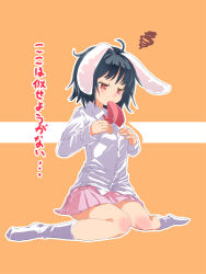 1girl animal_ears annoyed black_hair rabbit_ears female_focus full_body highres inaba_tewi necktie nostra red_eyes short_hair solo touhou