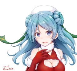 Rule 34 | 1girl, alternate costume, artist name, baileys (tranquillity650), bare shoulders, beret, blue eyes, blue hair, blush, breasts, cleavage, cleavage cutout, clothing cutout, commentary request, double bun, elbow gloves, fur collar, fur trim, gloves, hair bun, hat, highres, kantai collection, long hair, looking at viewer, medium breasts, open mouth, red gloves, red shirt, shirt, sidelocks, signature, simple background, smile, solo, swept bangs, urakaze (kancolle), white background, white hat