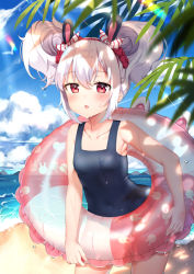Rule 34 | 1girl, animal ears, animal print, azur lane, beach, blue sky, blurry, blush, cloud, collarbone, contrapposto, covered navel, cowboy shot, dappled sunlight, day, depth of field, douya (233), fake animal ears, flat chest, hair ornament, hair scrunchie, hairband, highres, horizon, innertube, laffey (azur lane), leaning forward, looking at viewer, ocean, one-piece swimsuit, open mouth, outdoors, pink eyes, rabbit ears, rabbit print, school swimsuit, scrunchie, short hair, short twintails, sky, solo, sparkle, standing, sunlight, swim ring, swimsuit, twintails, water, water drop, wet, white hair