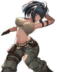 Rule 34 | armpits, baggy pants, blue eyes, breasts, cleavage, dog tags, gloves, impossible clothes, impossible shirt, large breasts, leona heidern, navel, oro (sumakaita), pants, ponytail, shirt, solo, tank top, the king of fighters, the king of fighters xiv