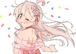 Rule 34 | 1girl, ;), ahoge, alternate costume, back, backless dress, backless outfit, bare arms, bare shoulders, brown eyes, commentary, confetti, detached ahoge, dress, earrings, flower, from behind, genderswap, genderswap (mtf), grin, hair between eyes, hair flower, hair ornament, highres, jewelry, long hair, looking at viewer, looking back, nuurise2023, one eye closed, onii-chan wa oshimai!, oyama mahiro, pink dress, pink hair, simple background, smile, solo, stud earrings, upper body, white background