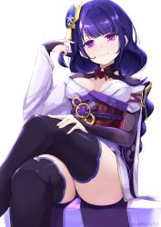 Rule 34 | 1girl, armor, braid, breasts, bridal gauntlets, cleavage, closed mouth, commentary request, crossed legs, floral print, flower, genshin impact, hair ornament, highres, japanese clothes, kimono, kuro (be ok), large breasts, long hair, long sleeves, looking at viewer, mitsudomoe (shape), mole, mole under eye, obi, obiage, purple eyes, purple flower, purple hair, purple thighhighs, raiden shogun, ribbon, sash, shiny clothes, shiny skin, shoulder armor, simple background, sitting, smile, smug, solo, tassel, thighhighs, tomoe (symbol), white background, wide sleeves