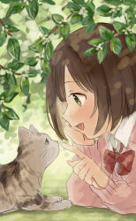 Rule 34 | 1girl, blush, bow, bowtie, brown hair, bush, cardigan, cat, dappled sunlight, fang, green eyes, hand on own face, head rest, highres, idolmaster, idolmaster cinderella girls, idolmaster cinderella girls starlight stage, index finger raised, long sleeves, looking at another, lying, maekawa miku, on grass, on stomach, open mouth, pink cardigan, red bow, red bowtie, shirt, short hair, smile, solo, staring, sunlight, tori ririisu, white shirt