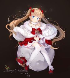 Rule 34 | 1girl, bare shoulders, bell, blonde hair, blue eyes, breasts, christmas, cleavage, dress, frilled dress, frills, gift, hair ribbon, highres, jewelry, lanyingchengzhi, looking at viewer, necklace, original, ribbon, sack, simple background, smile, solo, star (symbol), star necklace, third-party source, twintails, white legwear