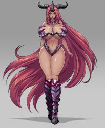 Rule 34 | 1girl, armor, bikini, bikini armor, boots, breasts, cleavage, curvy, dark skin, dark-skinned female, devil-v, female focus, full body, highres, horns, huge breasts, jewelry, long hair, looking at viewer, navel, necklace, original, parted lips, pink eyes, pink hair, simple background, skindentation, solo, standing, swimsuit, thick thighs, thighs, very long hair, wide hips