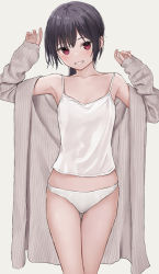 Rule 34 | 1girl, akipeko, armpits, bad id, bad twitter id, black hair, blush, breasts, camisole, coat, collarbone, grey coat, grin, highres, looking at viewer, midriff, original, panties, red eyes, ribbed coat, small breasts, smile, solo, thigh gap, underwear, white camisole, white panties
